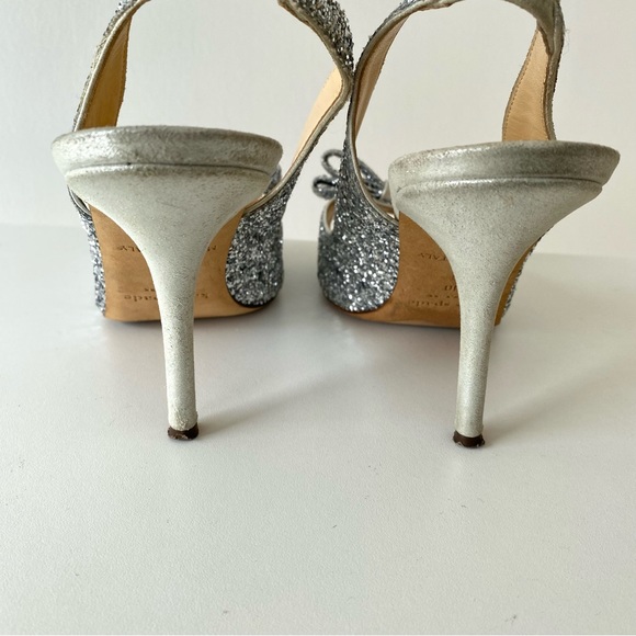 kate spade Sparkly Glitter Bow Slingback Silver Metallic Girlie Feminine Heels - Picture 12 of 17